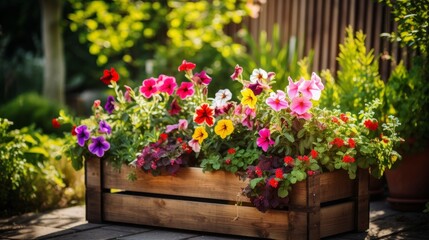Fototapeta premium Beautiful different color flowers in pots on wooden pallet