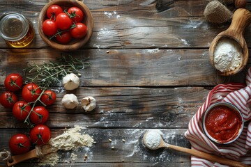 Ingredients for pizza preparation are neatly placed on a wooden table including tomatoes, flour, olive oil, and sauce