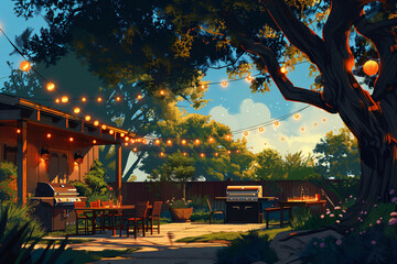 Outdoor backyard BBQ party setups. Digital illustrations of evening gatherings with festive lighting. Home entertainment and outdoor dining concept. Design for posters, invitations, and home decor