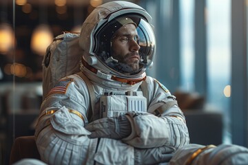 An astronaut in full gear sits indoors with arms crossed, conveying a sense of contemplation