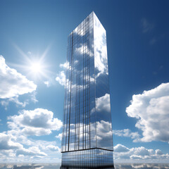 Modern skyscraper with reflective glass panels against the blue sky