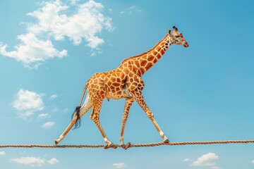 A majestic giraffe elegantly balances on a tightrope against a blue sky background, showcasing an imaginative and surreal concept