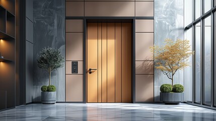 A stylish striped camel aluminum door with a very regular texture and a very narrow dark gray...