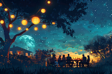 Outdoor backyard BBQ party setups. Digital illustrations of evening gatherings with festive lighting. Home entertainment and outdoor dining concept. Design for posters, invitations, and home decor