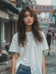A young and beautiful Chinese girl stands on the bustling streets of Shanghai,