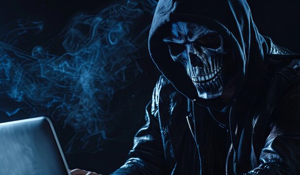 Mysterious hacker in skull mask typing on laptop with ominous blue smoke