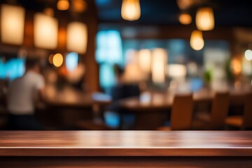 Wood table top, Bar with blur, dark night cafe background