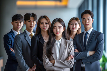 Teamwork, young asian business people in corporate office