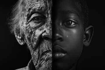 Timeless Vision: A striking juxtaposition of youth and age captured in a single, powerful black and white portrait.