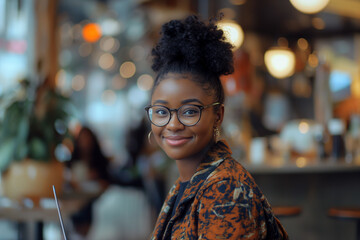 Young black woman, businesswoman, wears glasses, smiling, writing emails on laptop.