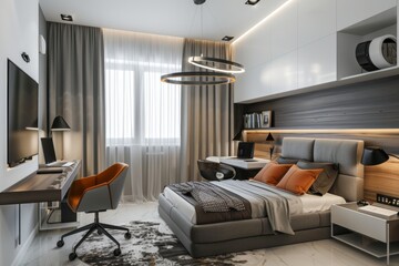 Modern teenagers room with stylish workplace and cozy bed for a stylish and functional space