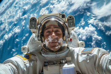 This captures an astronaut in space with a clear blue Earth in the background, symbolizing human exploration - Powered by Adobe