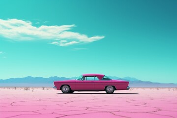 Pink classic car cruising on a monochrome magenta landscape and crisp blue sky.