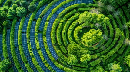 Naklejka premium Eco-Friendly Innovation: Aerial View of Circular Solar Panel Field