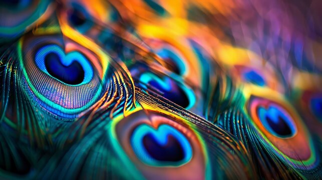 Close up macro photography of beautiful vibrant peacock feathers creating a stunning background