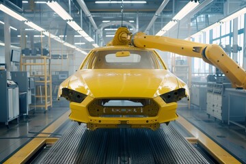 yellow passenger car body painting process in factory industrial robot on white background