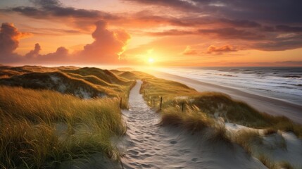 sand dunes overlooking the Atlantic ocean at sunset