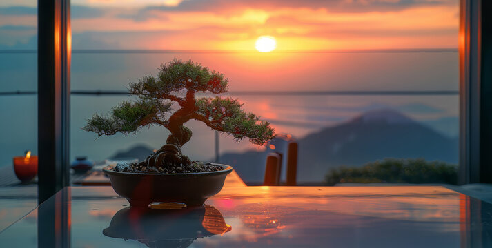 A Japanese black pine bonsai on a single panel, inside a simple cafe, moody lighting, sunset. Generative AI.