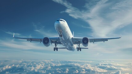 Obraz premium A white airplane flying in a blue sky. A modern passenger plane in the air with jet engines, concept of business travel. Generative AI.