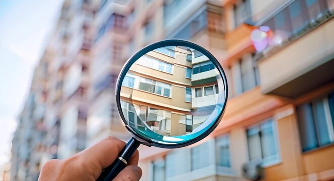 Person with magnifying glass looking for real estate in apartment building. Concept Real Estate, Apartment Hunting, Searching with Magnifying Glass, Property Inspection