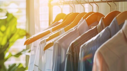 Clean clothes hanging on rack indoors in bright sunlight after professional dry-cleaning