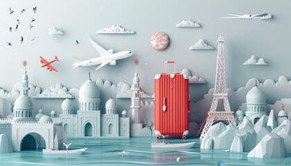 A modern banner showcasing a minimalist illustration of a suitcase, airplane, and iconic travel landmarks.