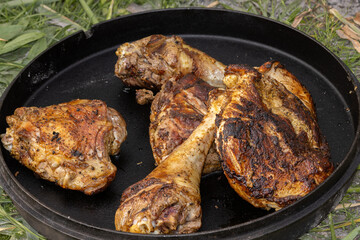 Puten Fleisch Keulen und Brüste  im Gusstopf scharf angebraten.