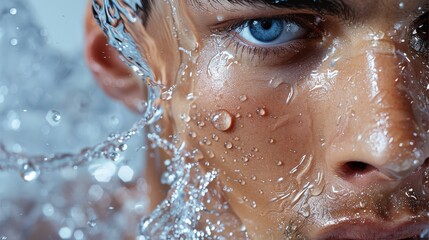 A man with water splashing on his face, showcasing the essence of men's skin care and self-care for cosmetic advertising in a studio shot. The universe should be vibrant. Generative AI.