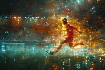 An energetic soccer player kicking the ball with digital effects that give a vibrant and action-packed feel to the sports scene