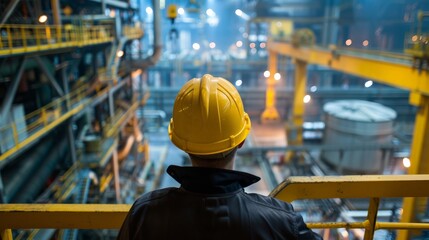 man in hardhat looking out over factory