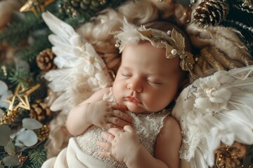 Fototapeta premium Cute newborn baby as Christmas angel in decorated studio