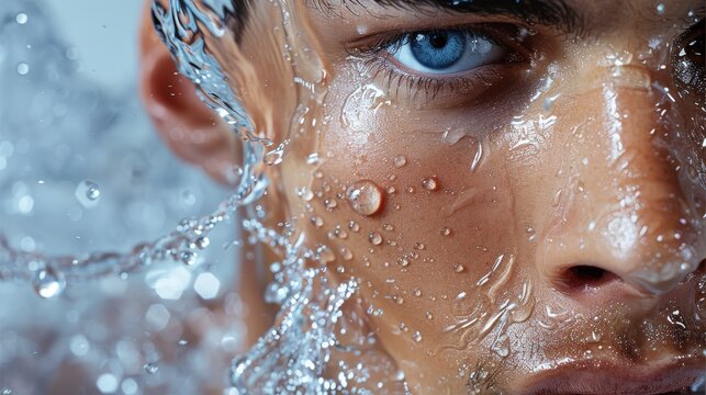 A man with water splashing on his face, showcasing the essence of men's skin care and self-care for cosmetic advertising in a studio shot. The universe should be vibrant. Generative AI.