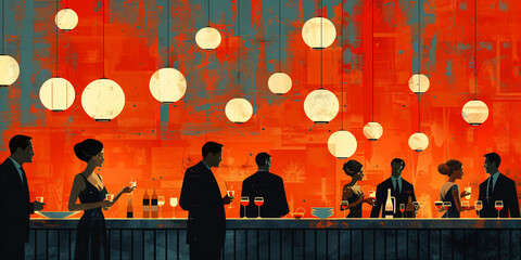 Elegant 1960s-style retro party scene. Vibrant digital illustrations of people socializing in a vintage setting. Mid-century modern party and lifestyle concept. Design for posters, invitations, and w