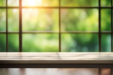 Empty wood table top, on blur abstract garden and house background from window, morning sunlight. concept for product display design