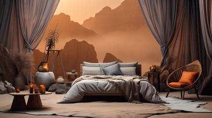 omadic style bedroom interior background 3d render