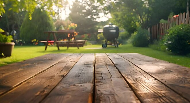 Wooden table in backyard with BBQ grill in the background. Concept Outdoor Dining, BBQ Grill, Backyard Decor, Wooden Table, Al Fresco Cooking
