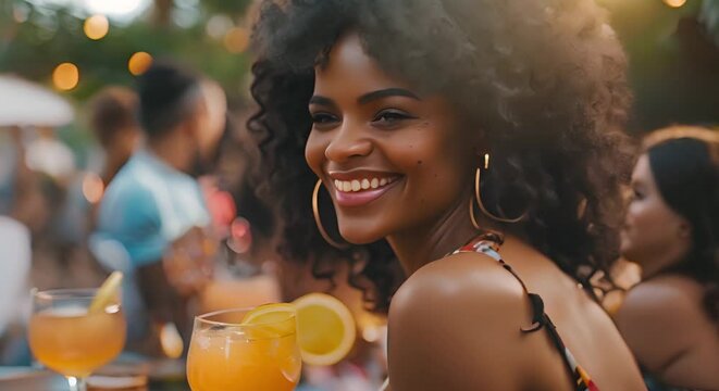 Black woman at backyard party with diverse group of friends enjoying drinks and laughter. Concept Backyard Party, Black Woman, Diverse Group, Drinks, Laughter