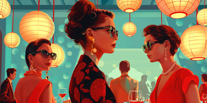 Elegant 1960s-style retro party scene. Vibrant digital illustrations of people socializing in a vintage setting. Mid-century modern party and lifestyle concept. Design for posters, invitations, and w