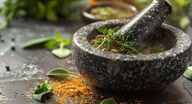 Mortar and pestle grinding herbs traditional method of preparing remedies for centuries. Concept Traditional Medicine, Herb Preparations, Mortar & Pestle, Natural Remedies, Herbal Healing