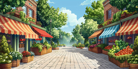 Obraz premium Summer farmer's market. Digital illustrations of vibrant outdoor markets filled with fresh produce and greenery. Seasonal freshness and community market concept