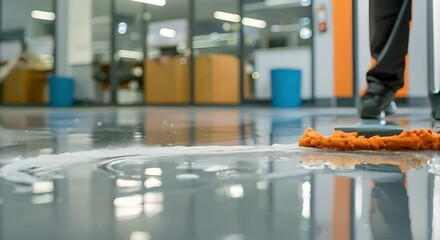 Focused view of janitor cleaning office floor with mop. Concept Janitorial services, Cleaning equipment, Commercial cleaning, Floor maintenance, Professional cleaning