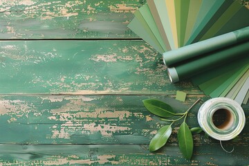 Green wallpaper roll and color palette samples on wooden