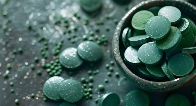 Extreme close-up of colorful raw spirulina algae showcasing its natural nutrition. Concept Food Photography, Raw Ingredients, Healthy Eating, Natural Nutrition, Close-up Shots