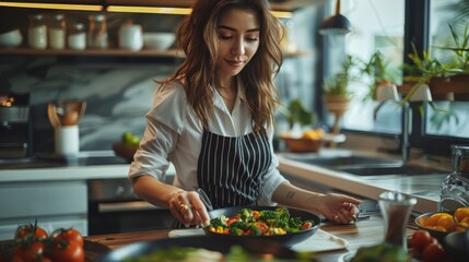A woman wearing a shirt is standing at the table preparing fancy gourmet dish. Generative AI.