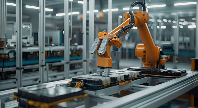 Factory robot arm assembles lithium or sodium batteries for electric vehicles . Concept Manufacturing, Factory Automation, Battery Assembly, Electric Vehicles, Robotics