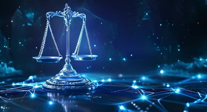 Digital law concept with scales of justice symbolizing modern judiciary system. Concept Digital Law, Scales of Justice, Modern Judiciary, Legal Technology, Courtroom Technology