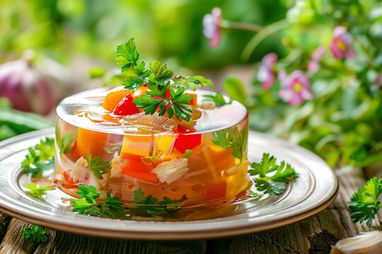 Delicious chicken aspic with vegetables on plate