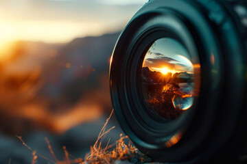 Beautiful mountain sunset landscape as reflected in a photographic lens close up. Travel concept - Powered by Adobe