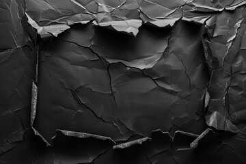 Black distressed crumpled paper frame with torn wrinkles edges. Copy space. Aged grunge abstract dark textured mockup