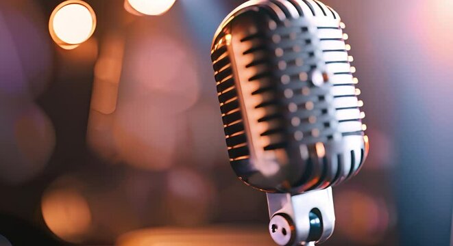 Retro microphone stand in front of club lights for karaokepodcast recording. Concept Karaoke Podcast, Retro Microphone stand, Club lights, Recording Setup